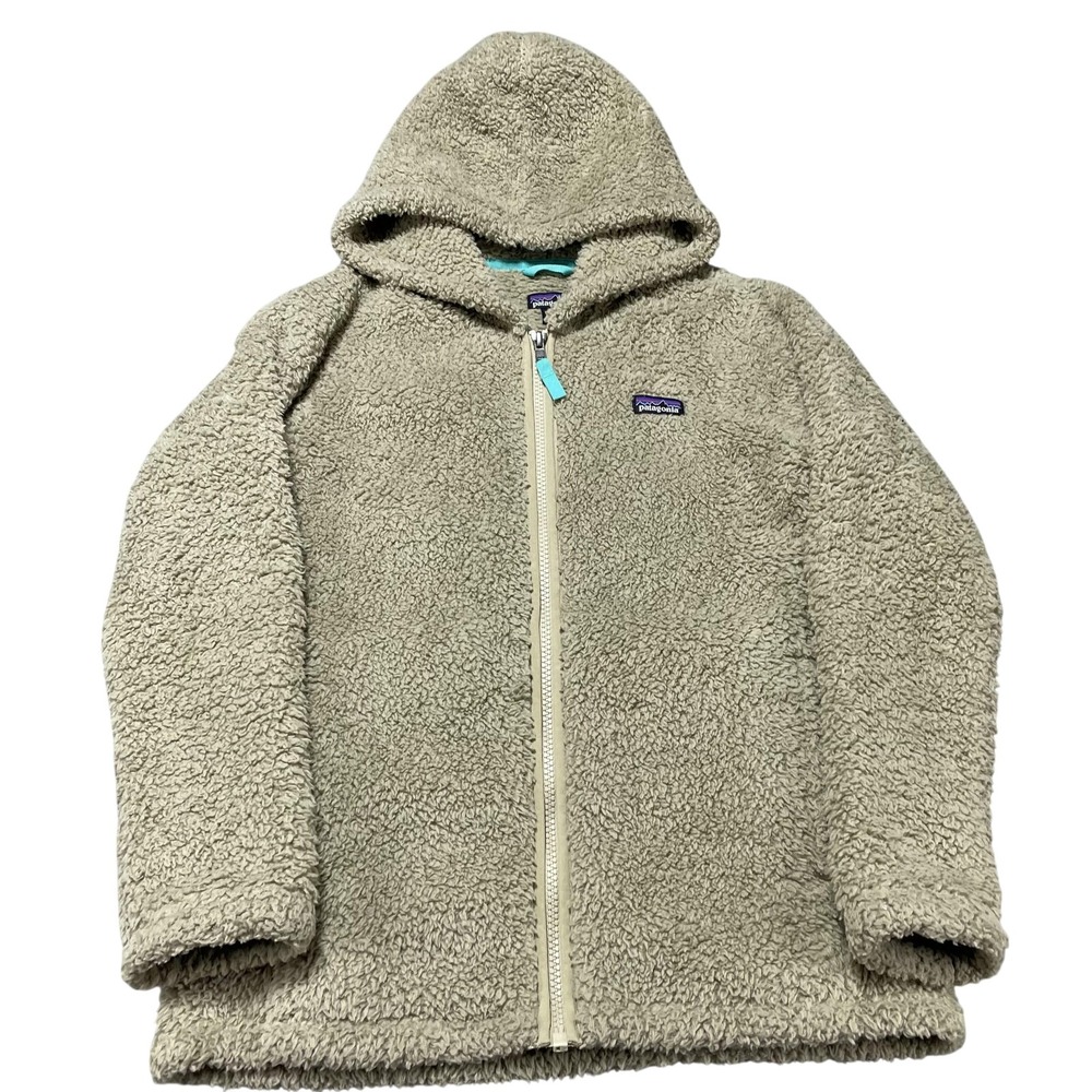 Patagonia Jacket Kids Large 12 Beige Fuzzy Fleece Hooded Full Zip Warm Cozy
